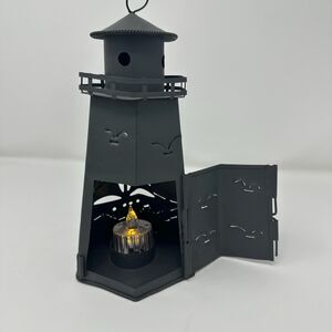Nautical Black Metal Lighthouse Tealight Holder, 9.5" Tall Coastal Decor Lantern